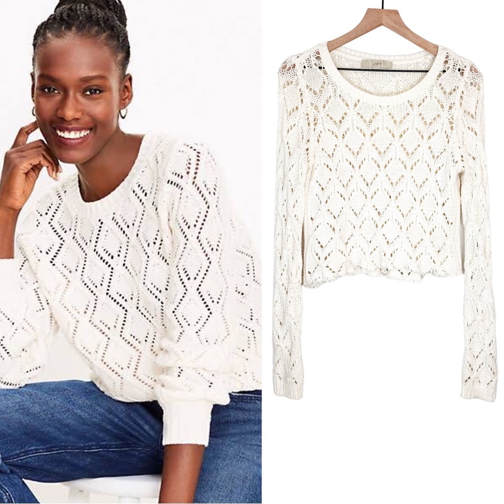 Loft Geo Pointelle Knit Crochet Dristressed Chewed Hem Sweater - Picture 1 of 10